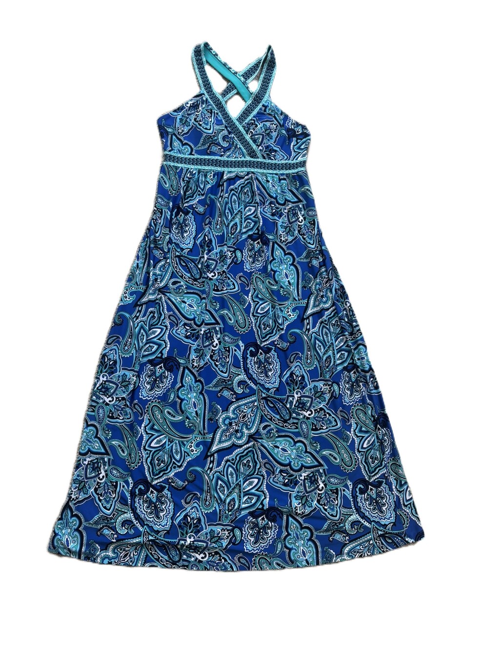 INC Petite Blue Paisley Maxi Dress Criss Cross Top Bordered Waist Size PM
